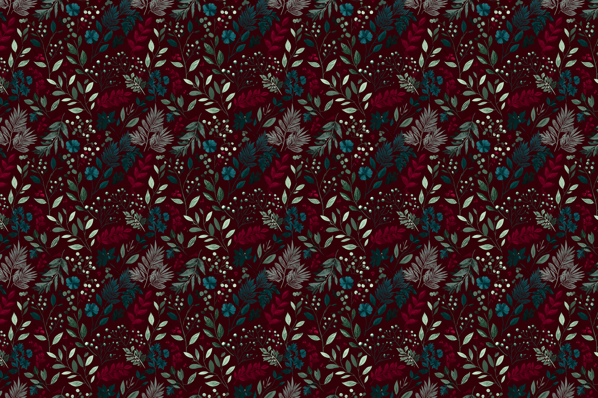 Patterned fabric with leaves and flowers on a dark red background. Wrapped Studios wrapping paper