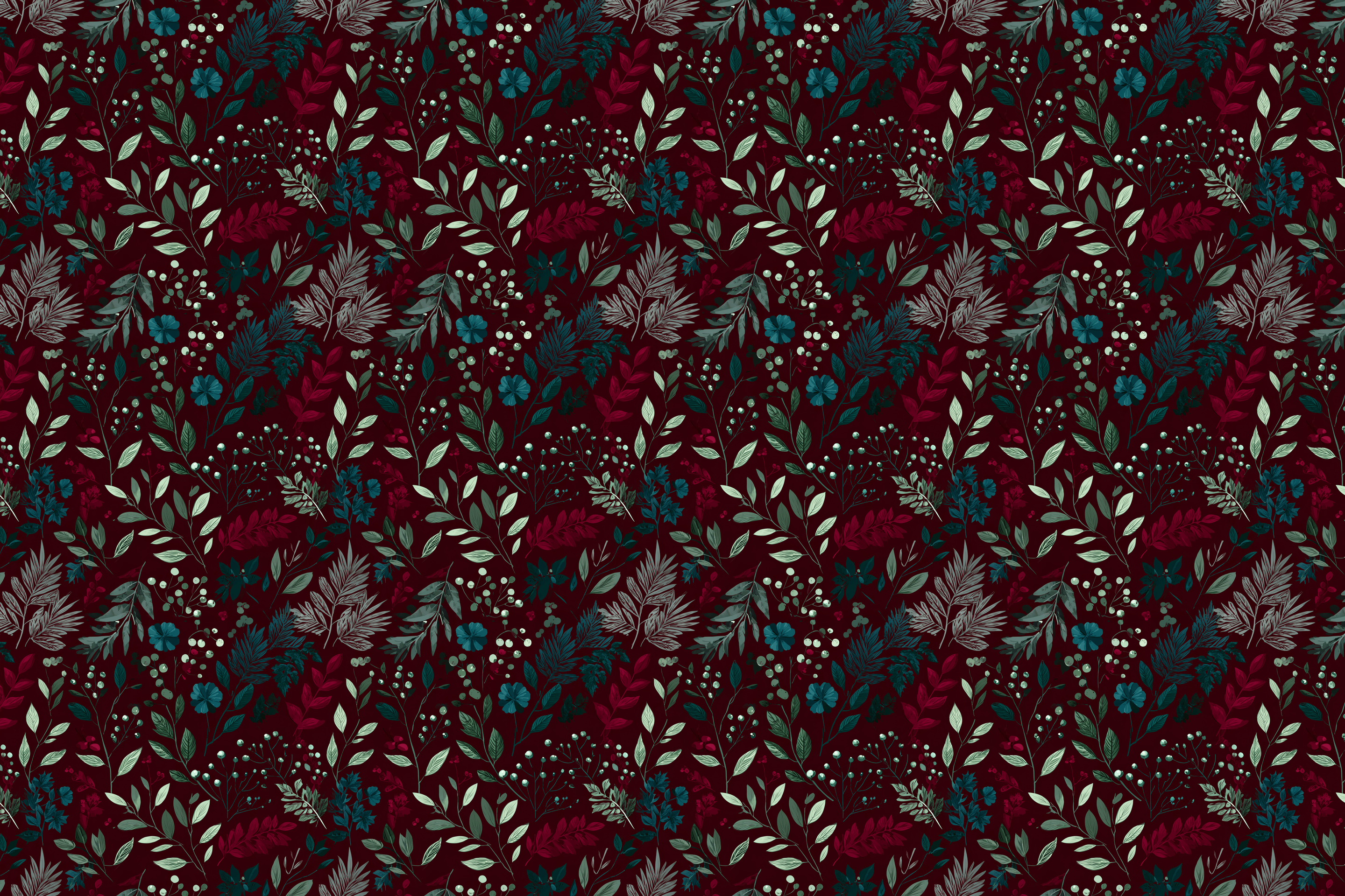 Patterned fabric with leaves and flowers on a dark red background. Wrapped Studios wrapping paper