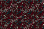 Seamless vintage botanical design with flowers, leaves, and berries in muted reds, blues, and greens.