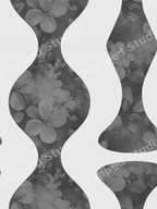 Vintage botanical floral pattern inside modern black and white wavy geometric shapes.