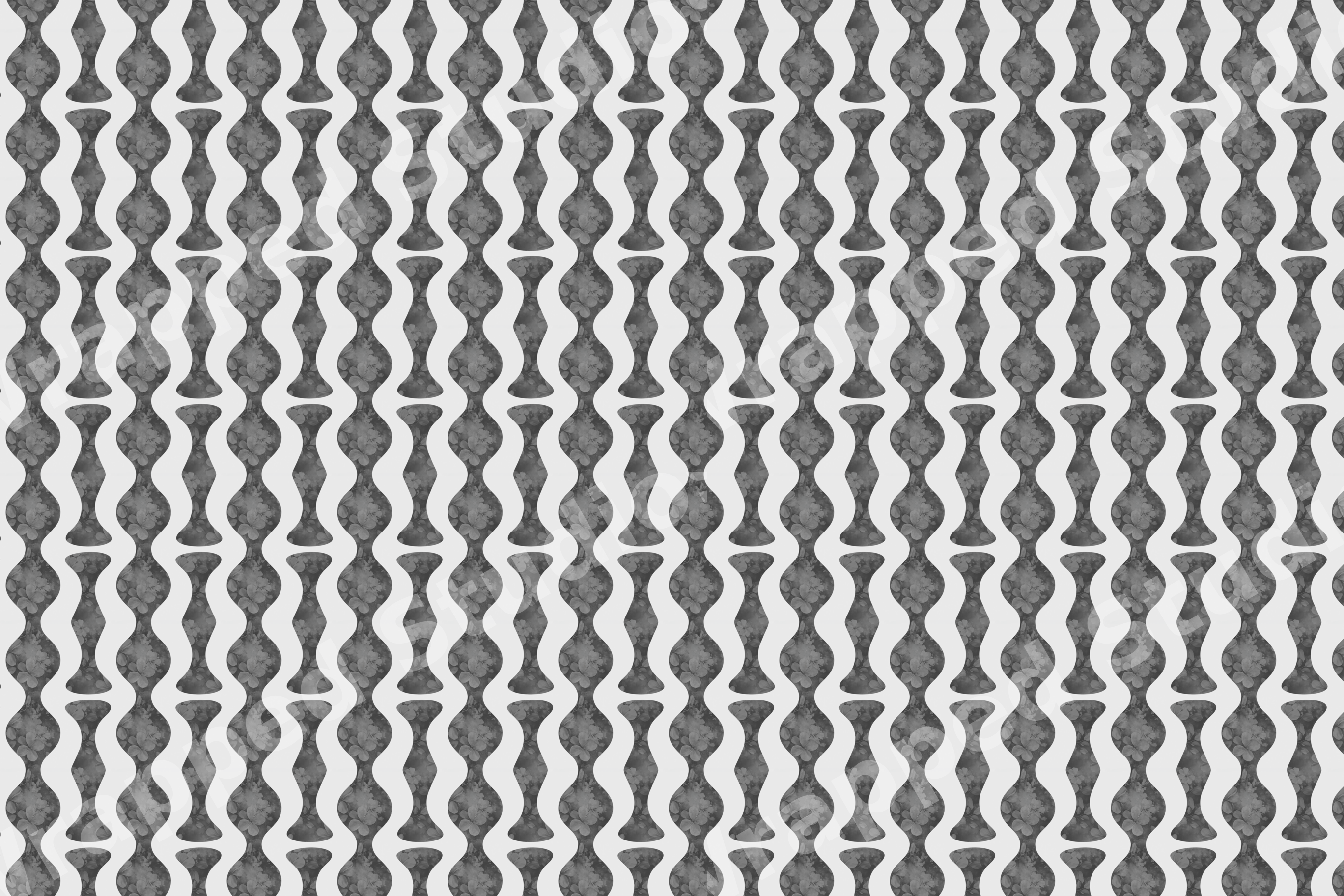 Grey and white geometric pattern featuring retro wavy stripes and subtle floral details.