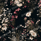 Moody dark floral pattern featuring vintage botanical wildflowers in pink and cream on a black background.