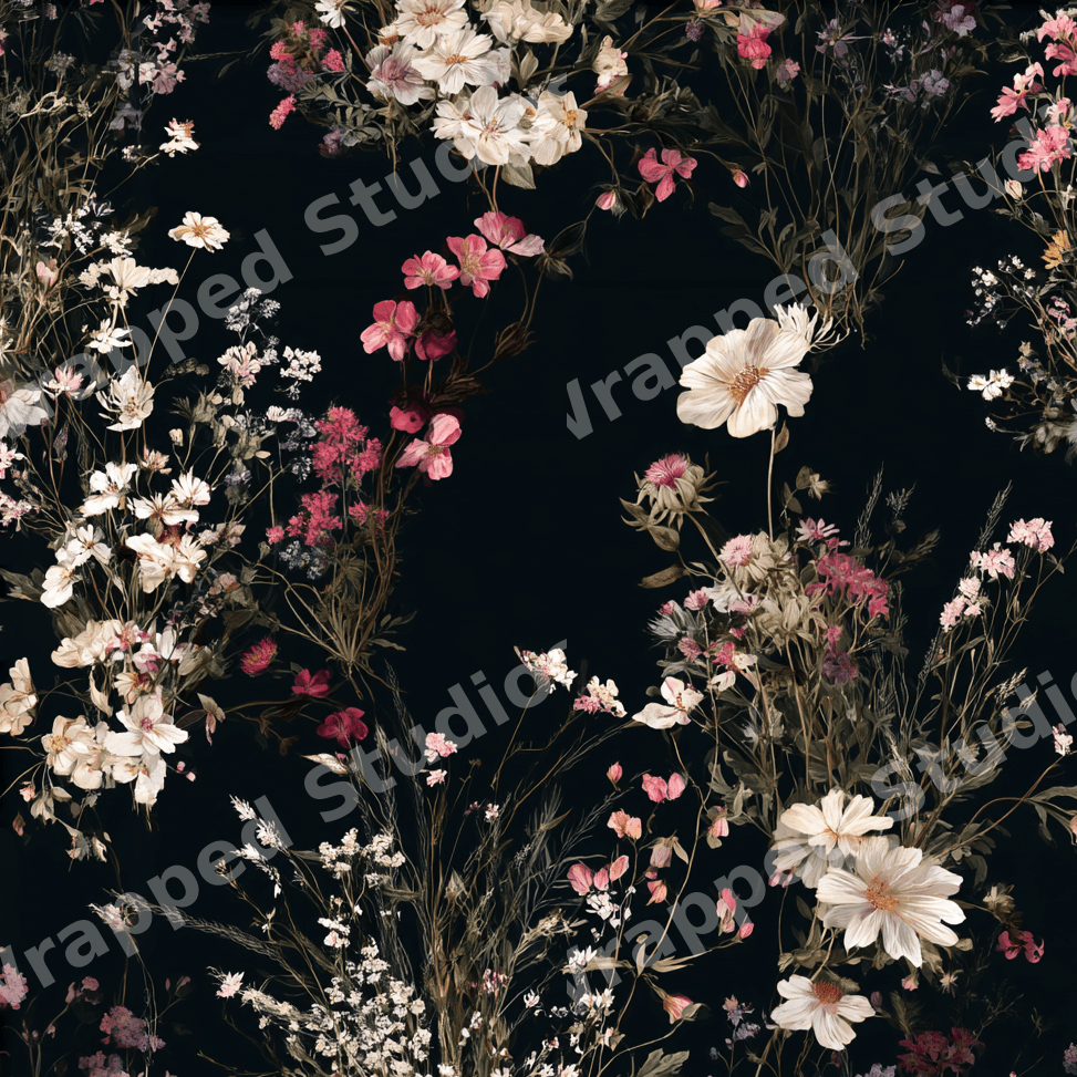 Moody dark floral pattern featuring vintage botanical wildflowers in pink and cream on a black background.