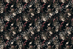 Moody vintage botanical floral pattern with cream and pink wildflowers on a dark background.