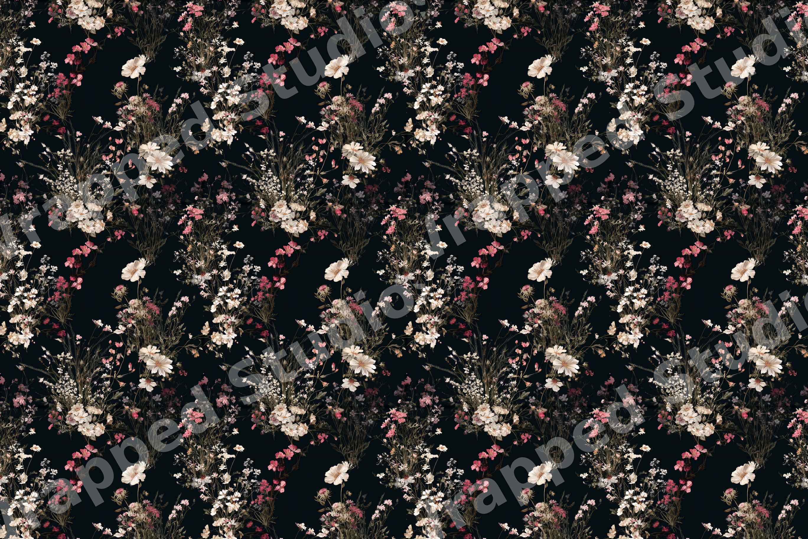 Moody vintage botanical floral pattern with cream and pink wildflowers on a dark background.