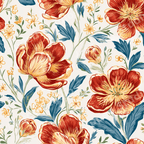 Elegant vintage floral pattern featuring red tulips, blue leaves, and yellow wildflowers on cream.