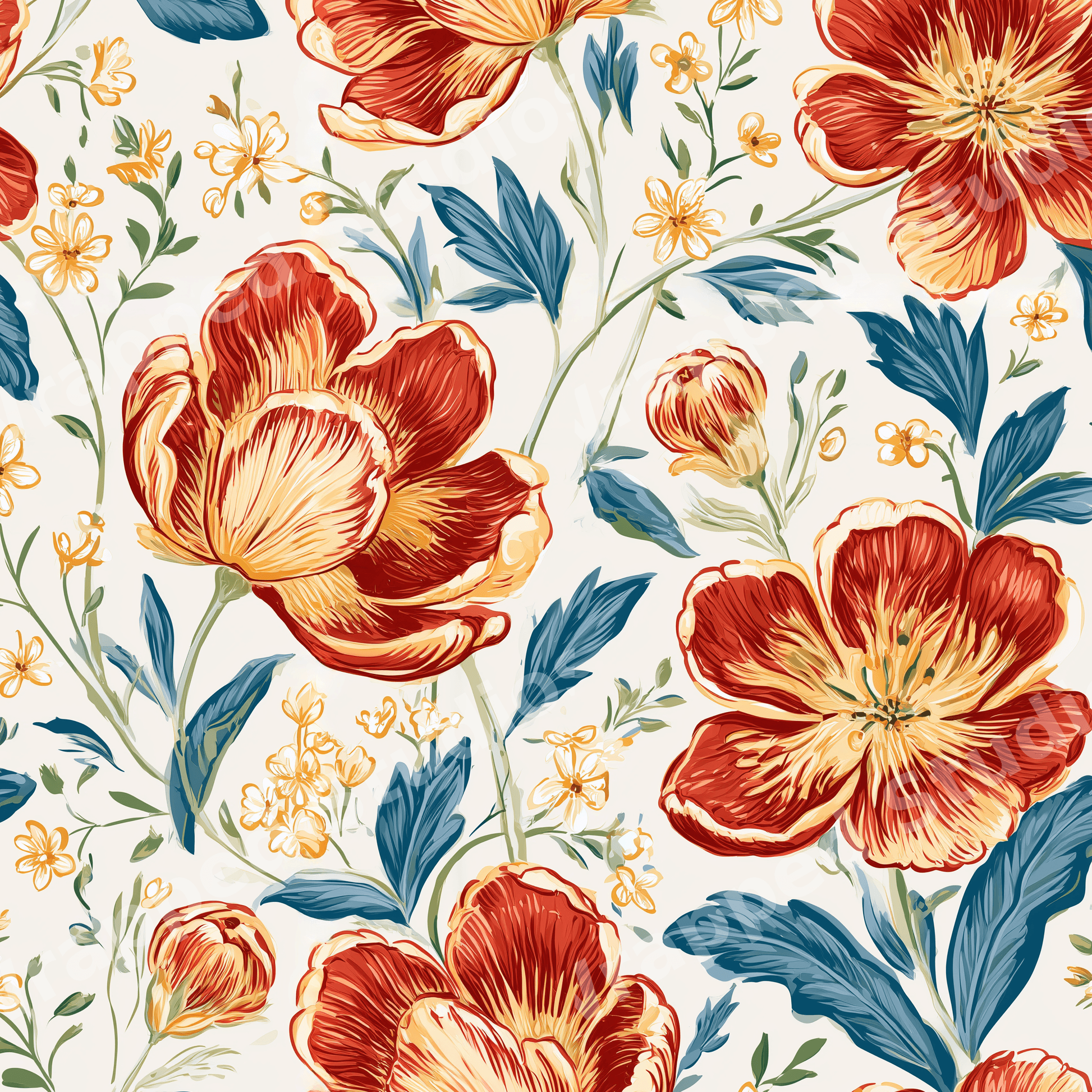 Elegant vintage floral pattern featuring red tulips, blue leaves, and yellow wildflowers on cream.