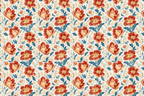 Vintage botanical floral pattern featuring red and orange flowers with blue leaves on a cream background.
