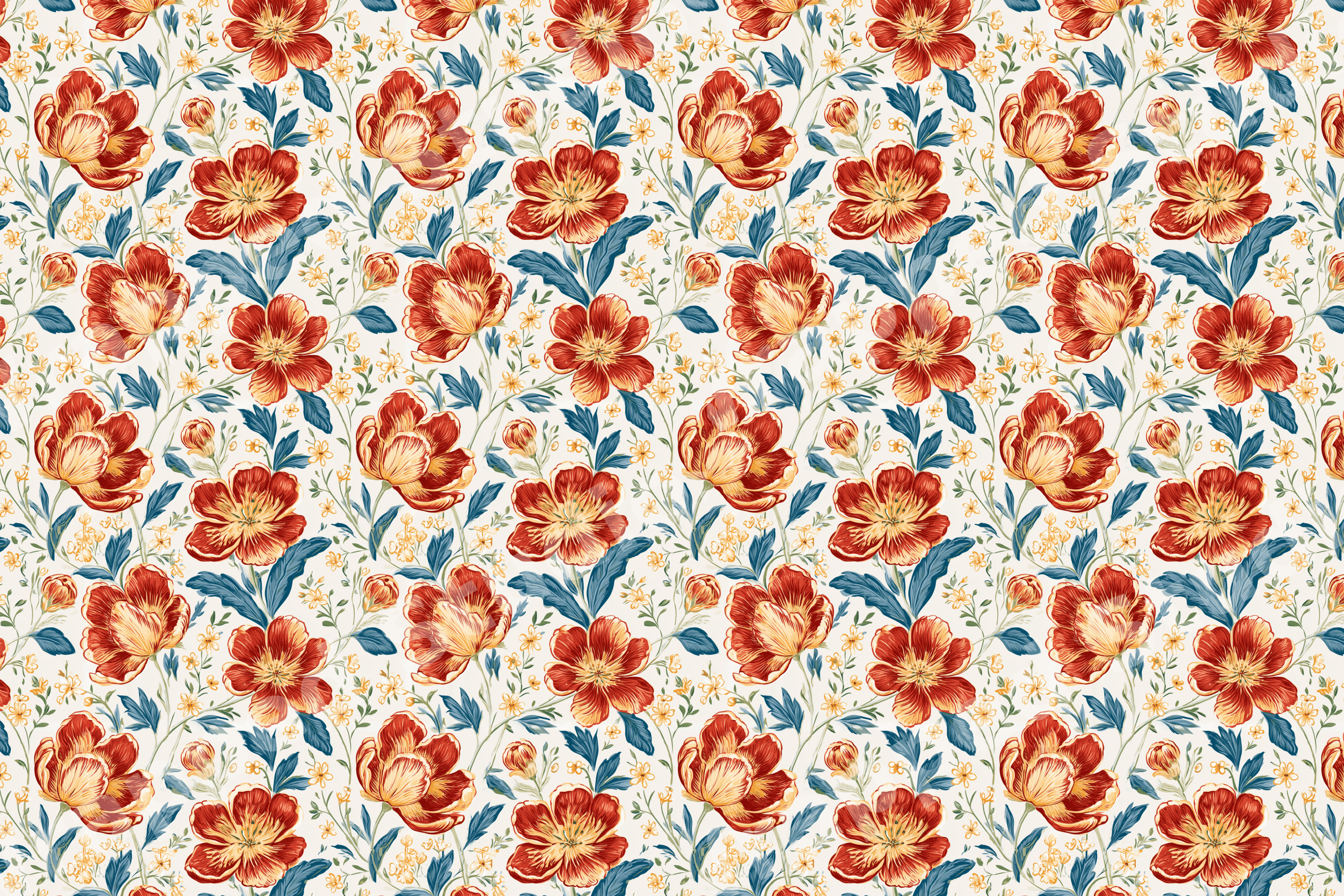 Vintage botanical floral pattern featuring red and orange flowers with blue leaves on a cream background.