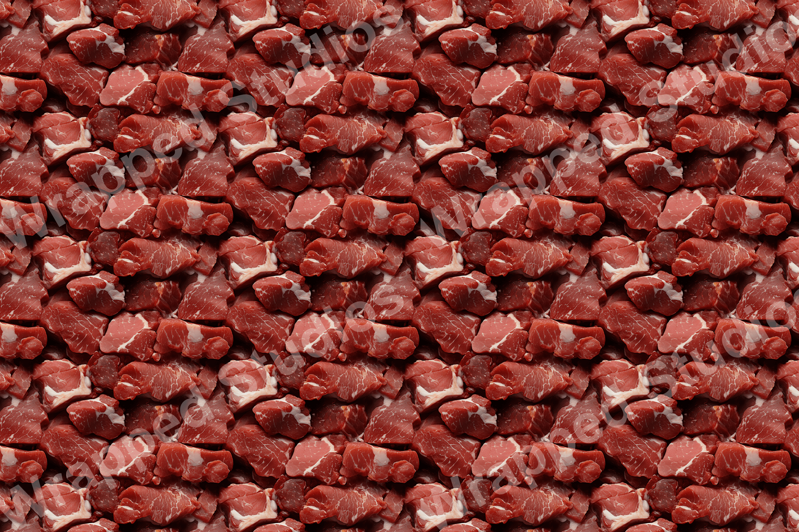 A raw meat print with red and white hues creates a modern, tiled pattern.