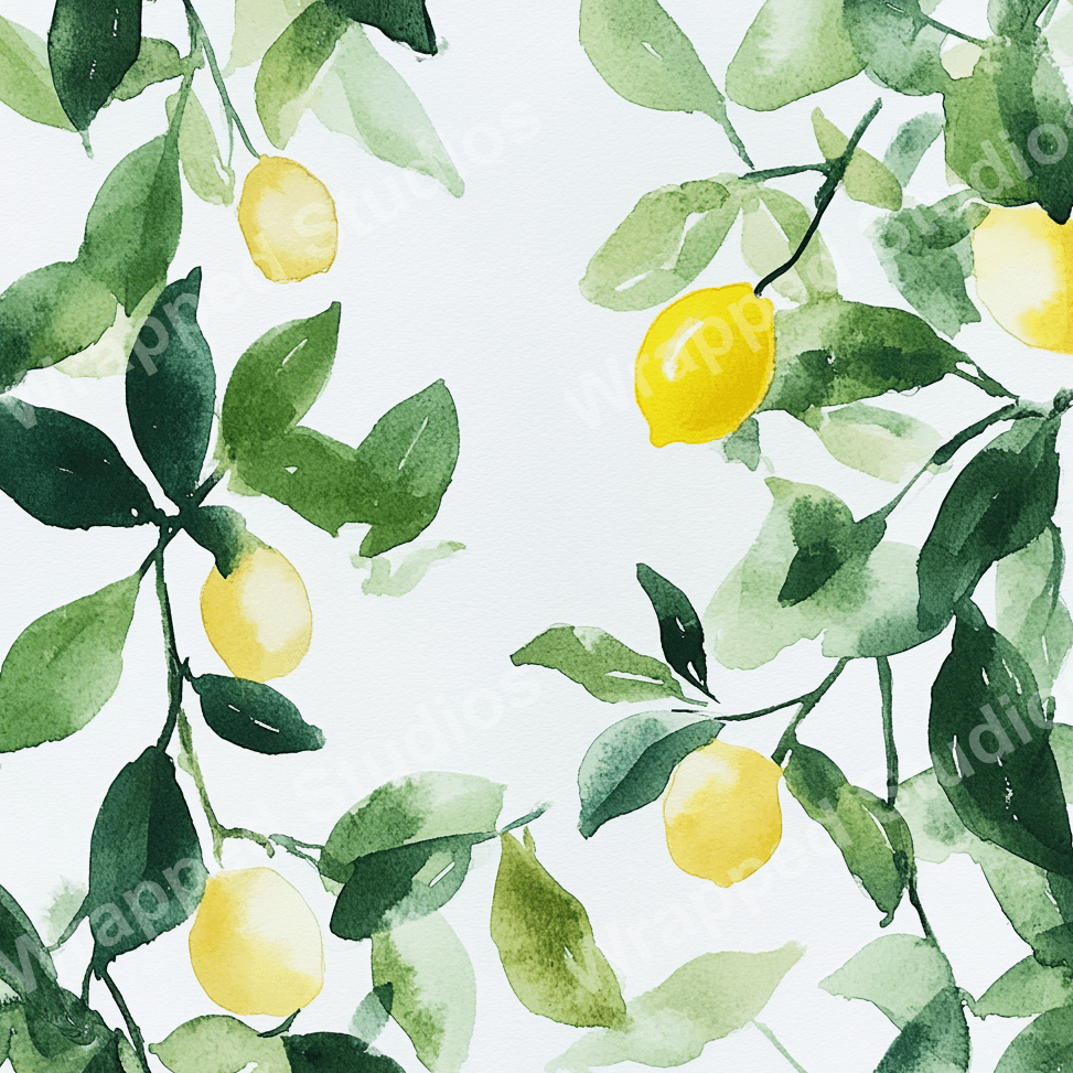 Watercolor lemon tree branch pattern with yellow citrus fruit and green leaves.