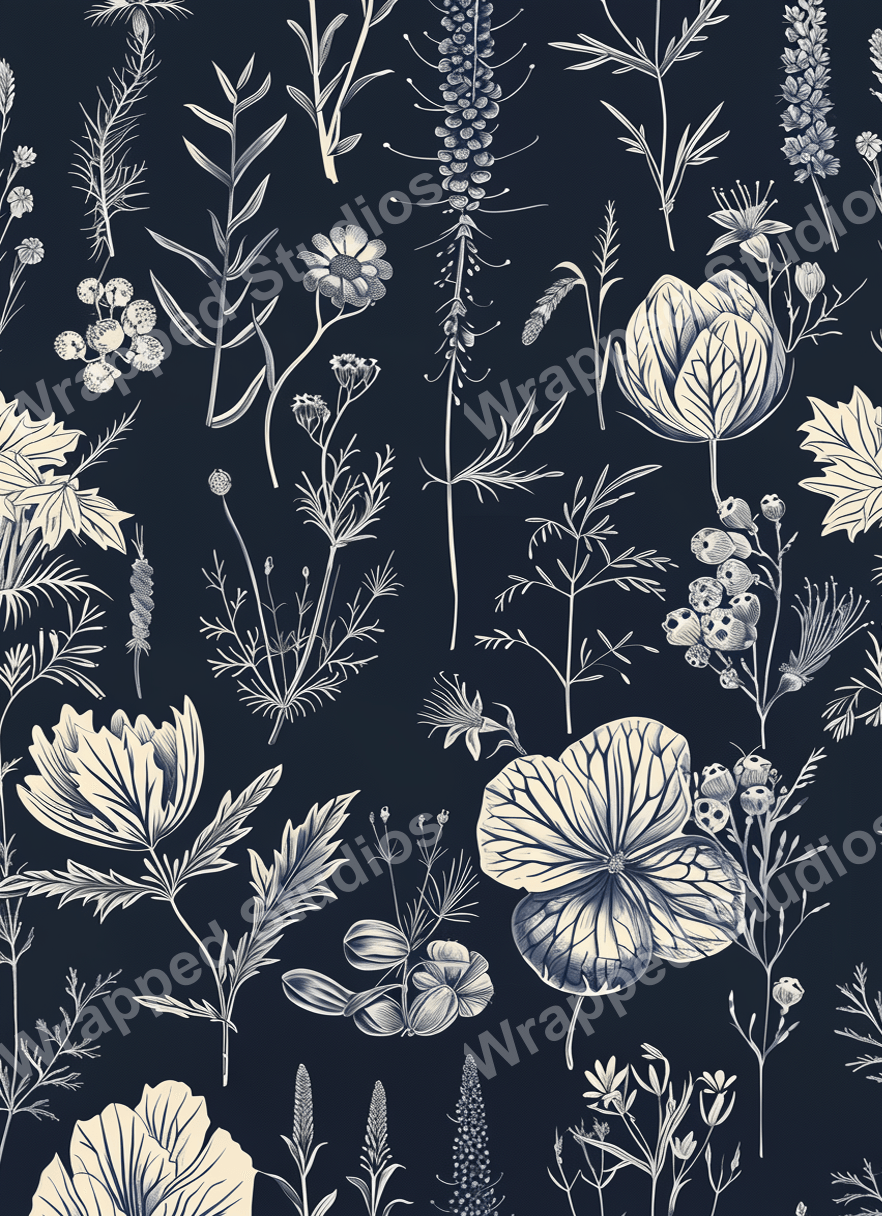 Elegant botanical pattern with detailed line drawings of various plants on a dark blue background.