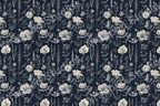 Elegant floral pattern with vintage botanical design on a dark navy background.