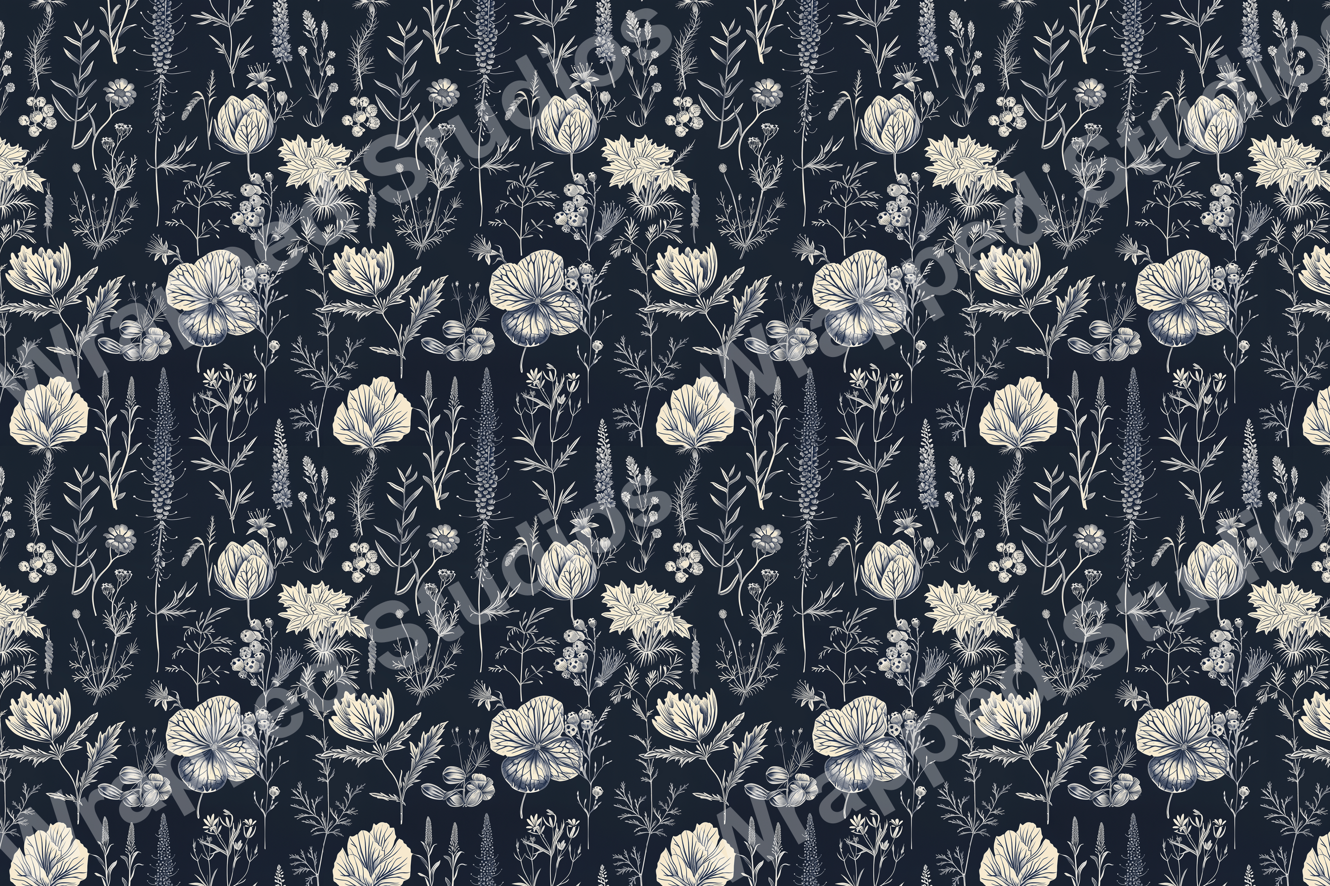 Elegant floral pattern with vintage botanical design on a dark navy background.