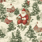 Vintage Christmas pattern with Santa, snow-covered houses and pine trees on a cream background.