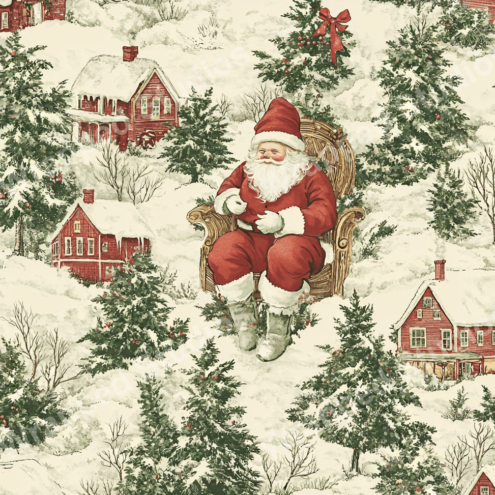 Vintage Christmas pattern with Santa, snow-covered houses and pine trees on a cream background.