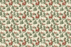Detailed holiday pattern with Santa, snowy cabins, and fir trees on a neutral background.
