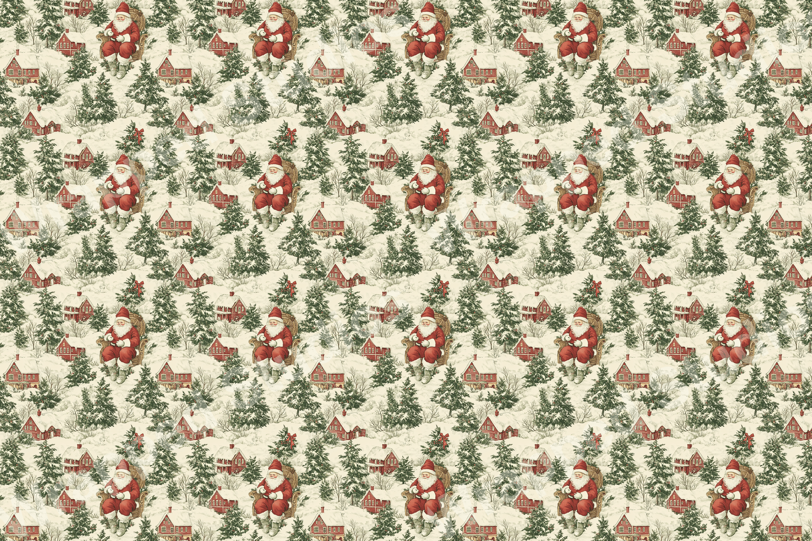 Detailed holiday pattern with Santa, snowy cabins, and fir trees on a neutral background.