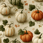 Vintage botanical pattern with rustic orange and white pumpkins, green leaves, and vines on a cream background.