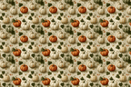 Vintage botanical pattern featuring repeating rustic orange, white, and green pumpkins and autumn leaves.