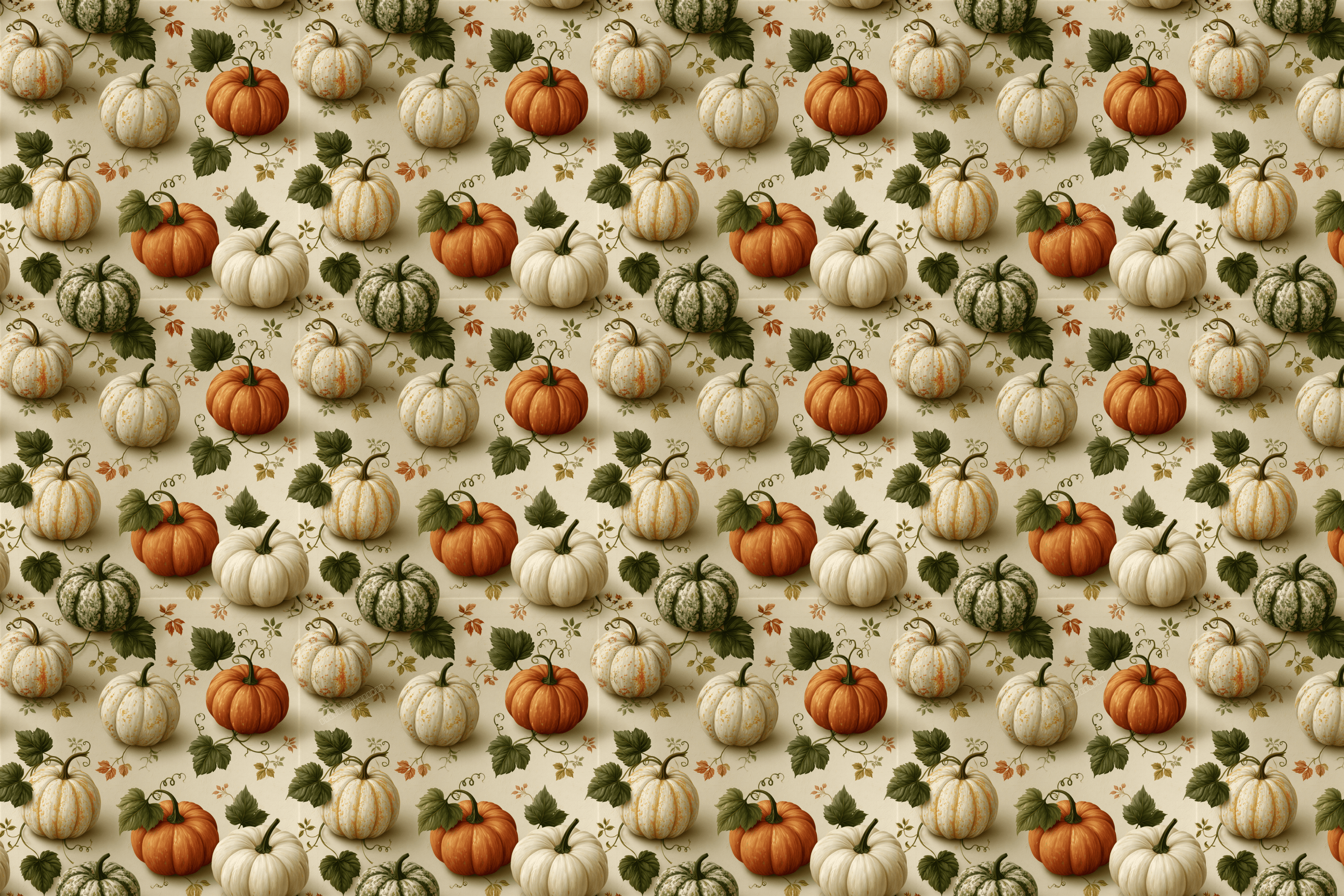 Vintage botanical pattern featuring repeating rustic orange, white, and green pumpkins and autumn leaves.