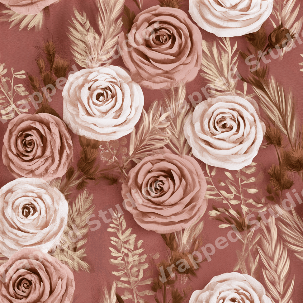 Boho floral pattern with cream and dusty rose roses and dried pampas grass on a terracotta background.