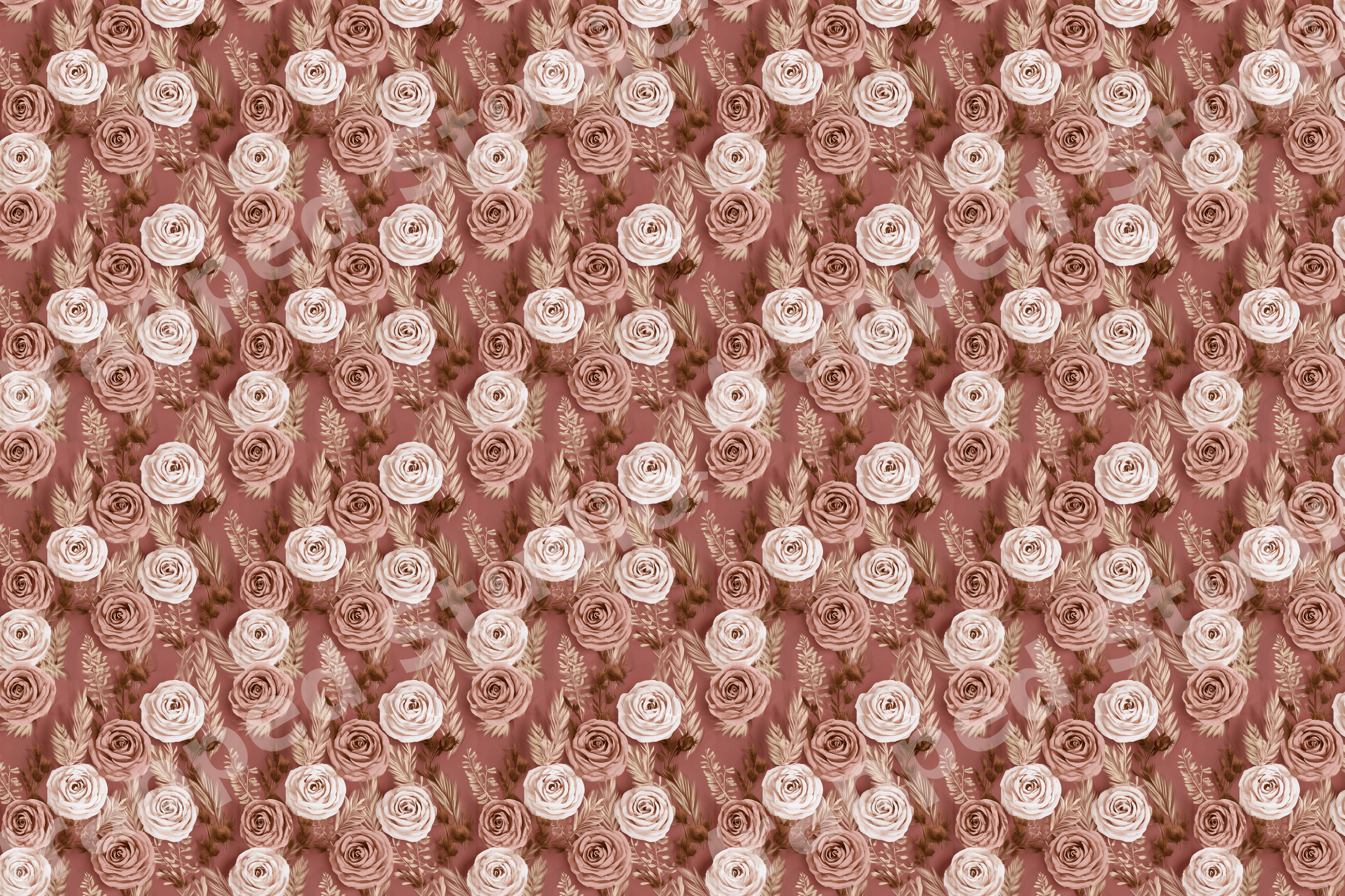 Vintage botanical floral pattern with dusty rose and cream roses on a warm terracotta background.