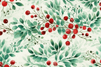 Watercolor botanical pattern with red berries and green foliage.