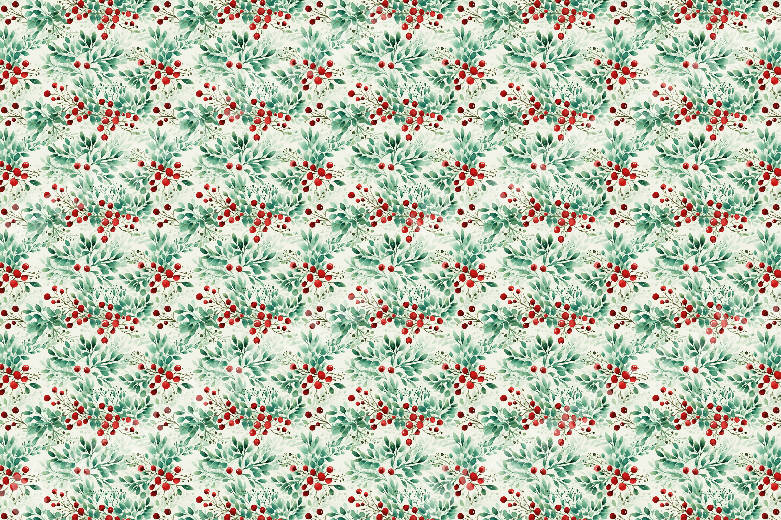 Seamless botanical pattern with red berries and green leaves on a light background.