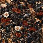 Moody dark floral pattern featuring vintage botanical wildflowers in rust, terracotta, and cream.