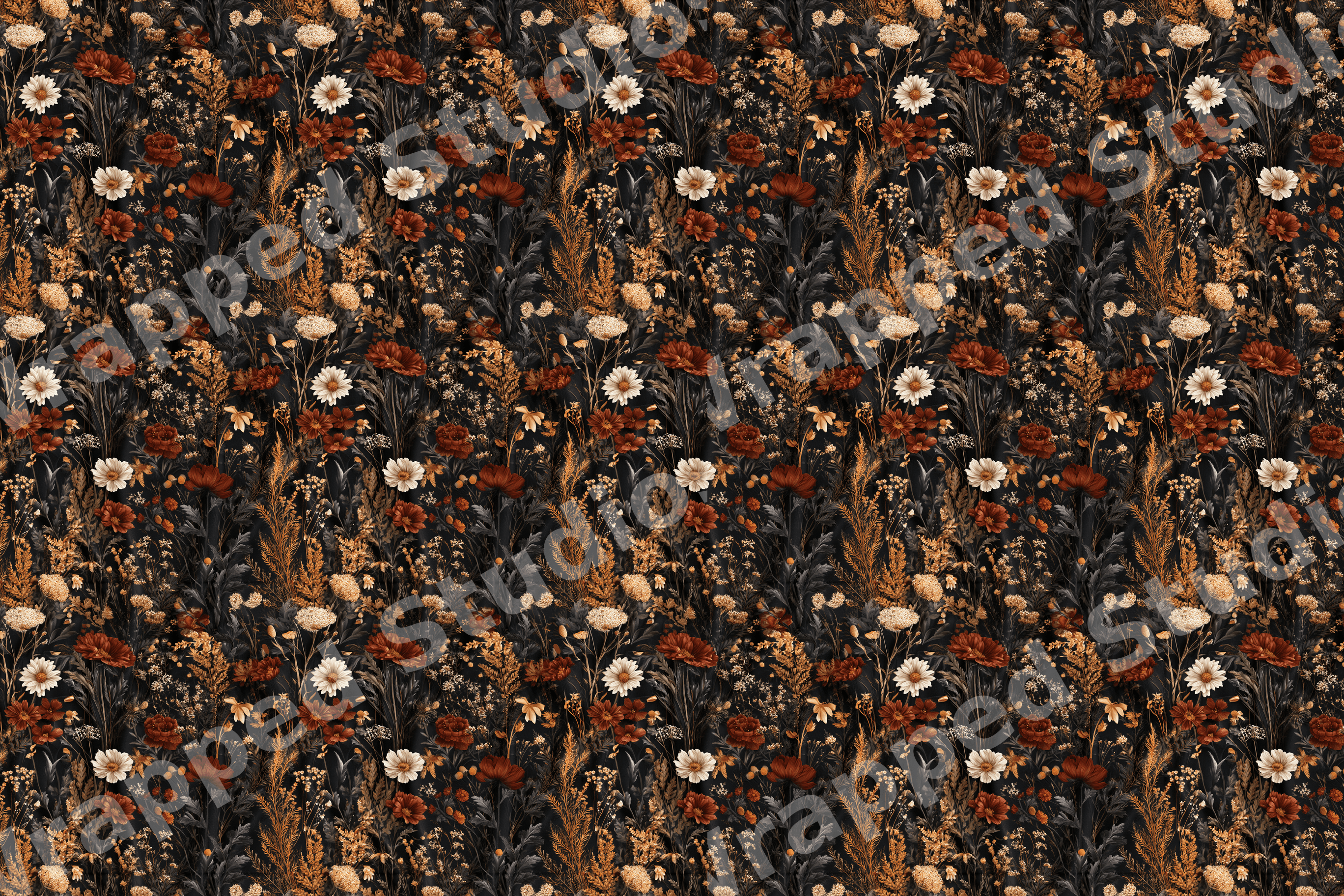 Vintage botanical pattern featuring rust and cream wildflowers on a moody dark background.