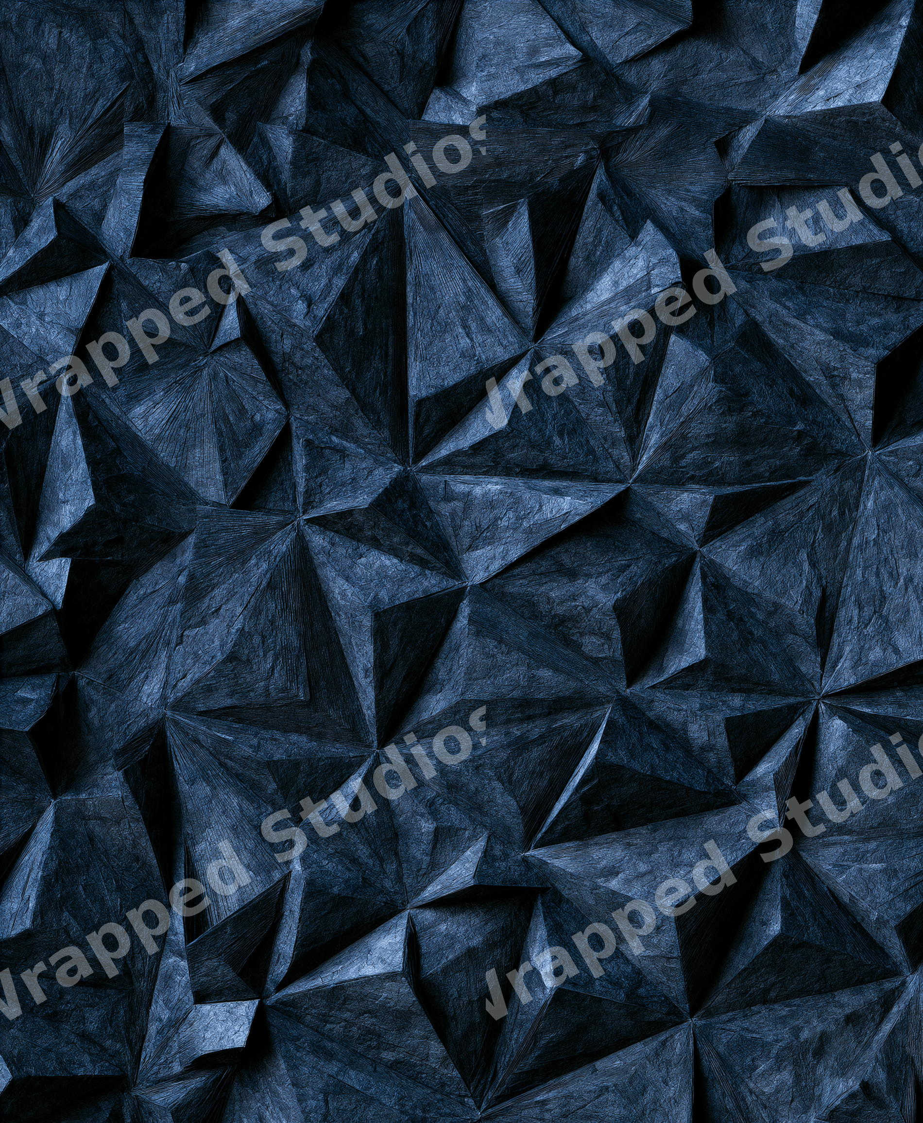 Dark navy blue geometric pattern featuring textured 3D faceted triangles in a modern abstract print.