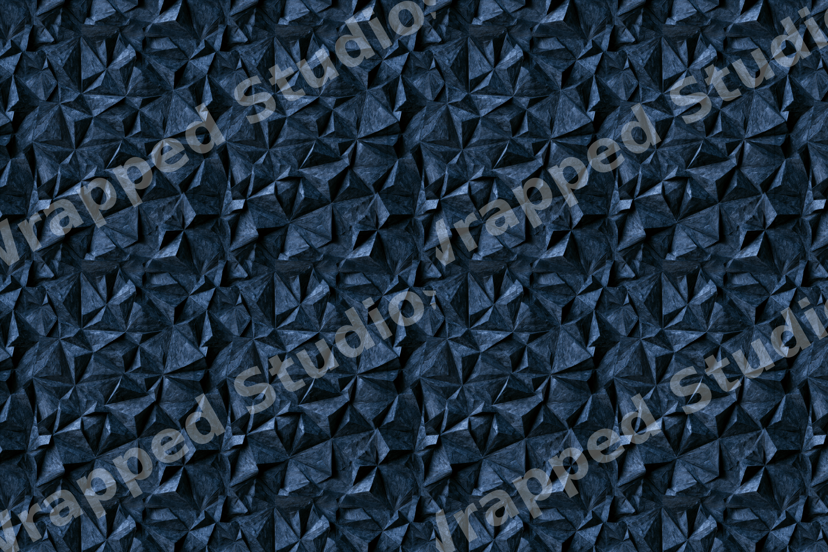 Dark navy blue geometric pattern with a textured, 3D faceted abstract design.