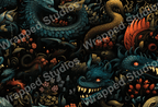 Intricate dragon and serpent pattern with dark background, turquoise, gold and copper accents.