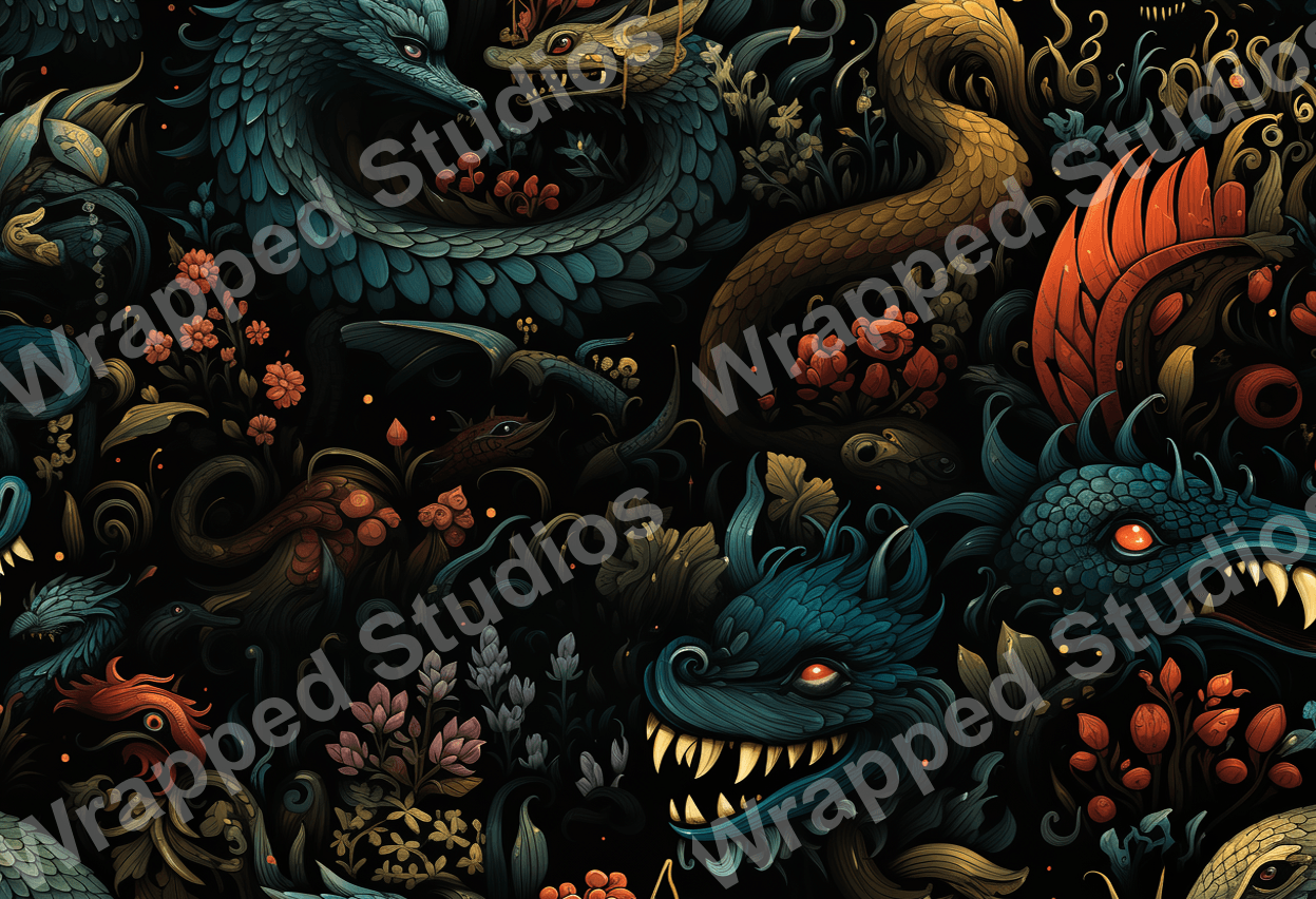 Intricate dragon and serpent pattern with dark background, turquoise, gold and copper accents.
