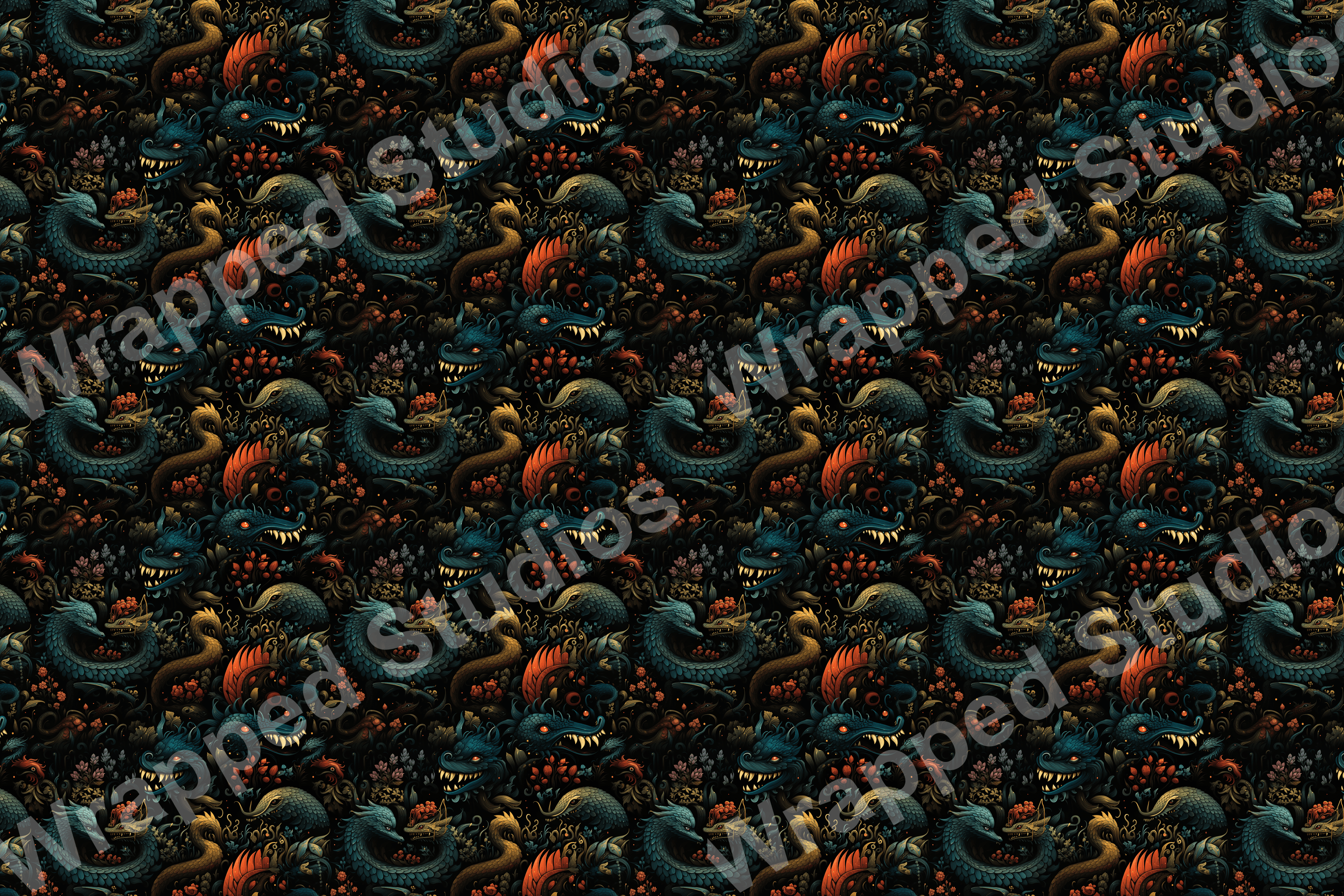 Detailed dragon and floral pattern on a dark background.