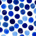 Seamless watercolor pattern of varied blue polka dots on a white background.