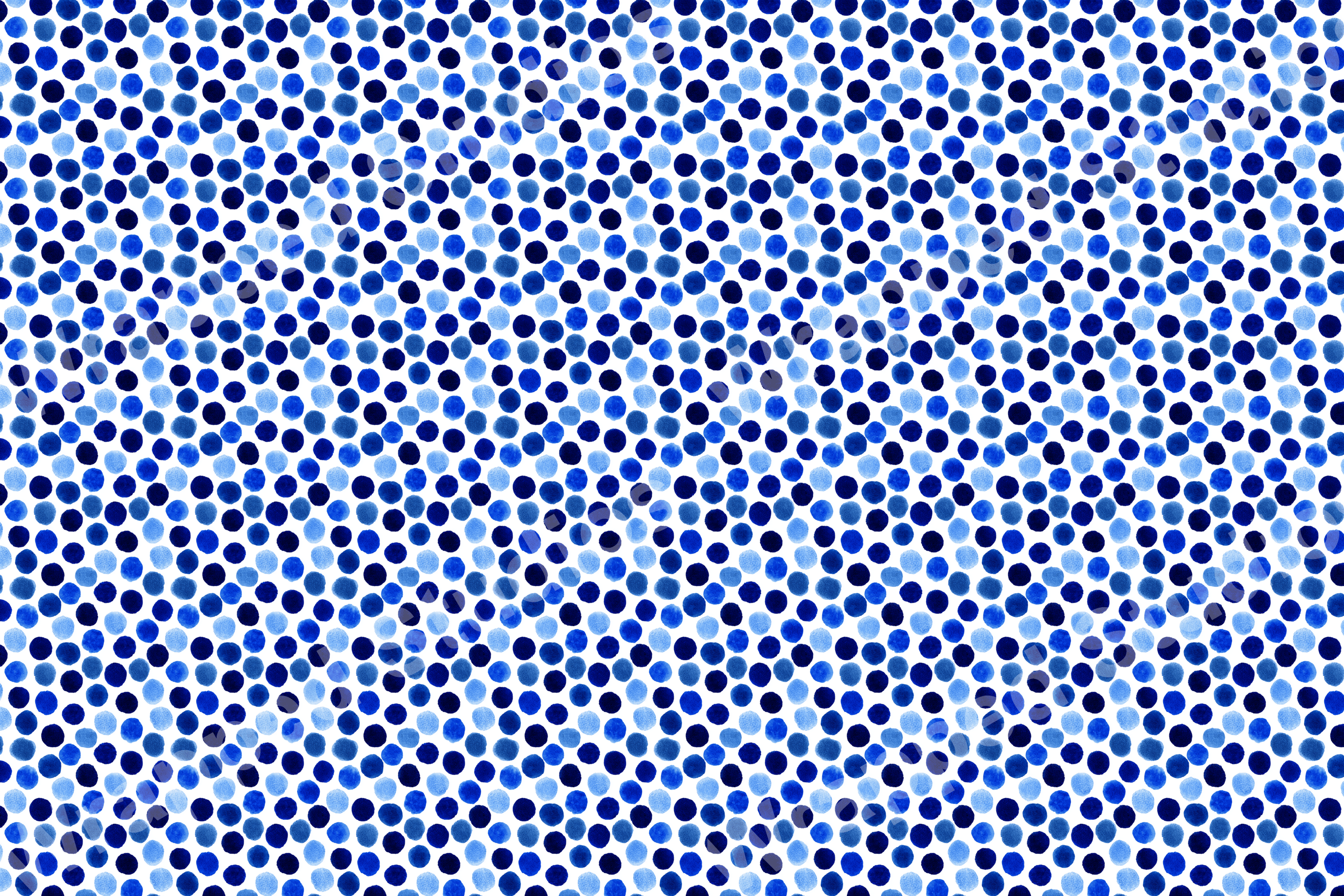Seamless pattern with watercolor blue polka dots on white.
