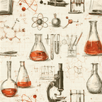 Vintage science pattern with hand-drawn chemistry beakers and microscopes on cream grid paper.