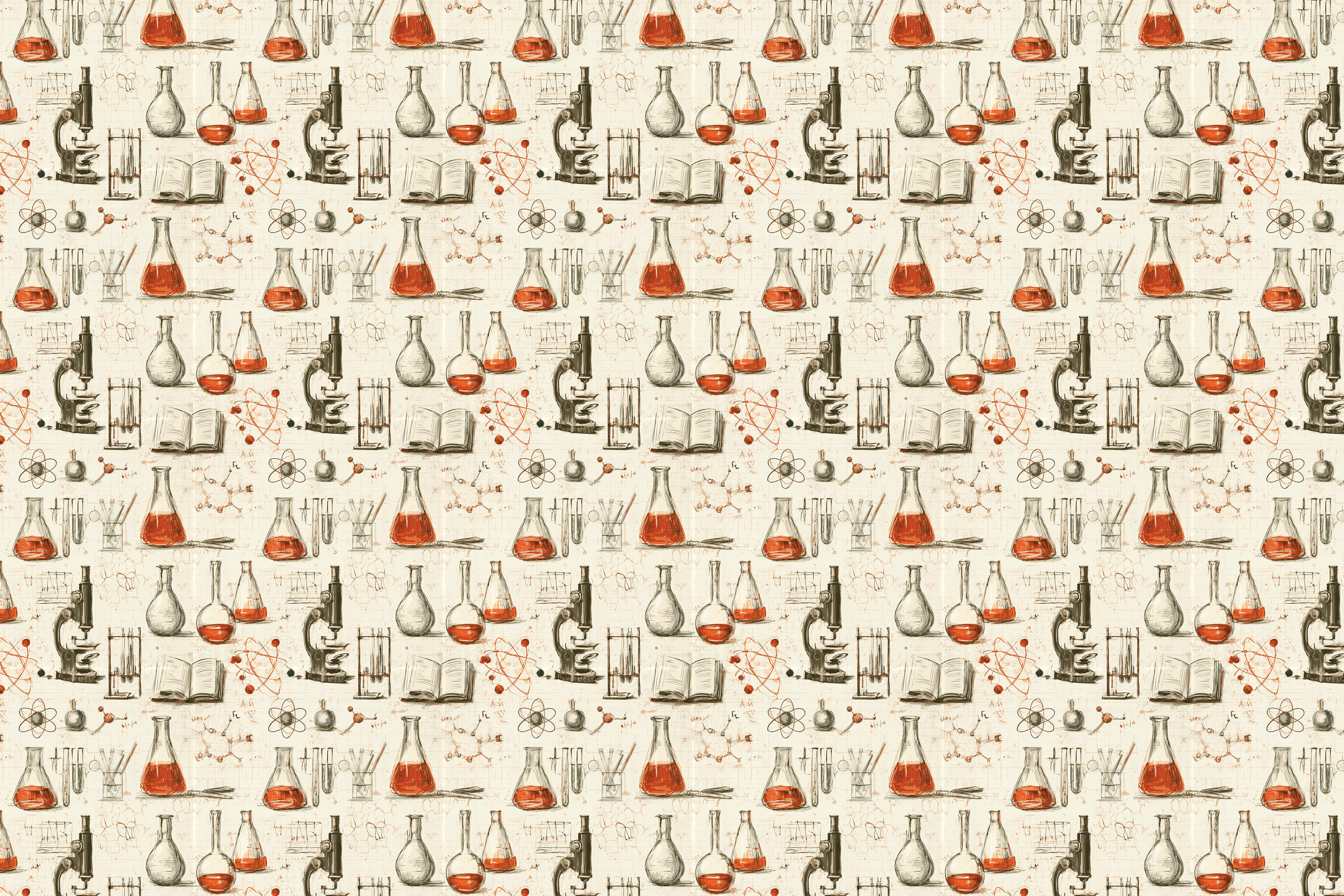 Vintage science pattern featuring hand-drawn laboratory beakers, microscopes, and chemical atoms on cream.