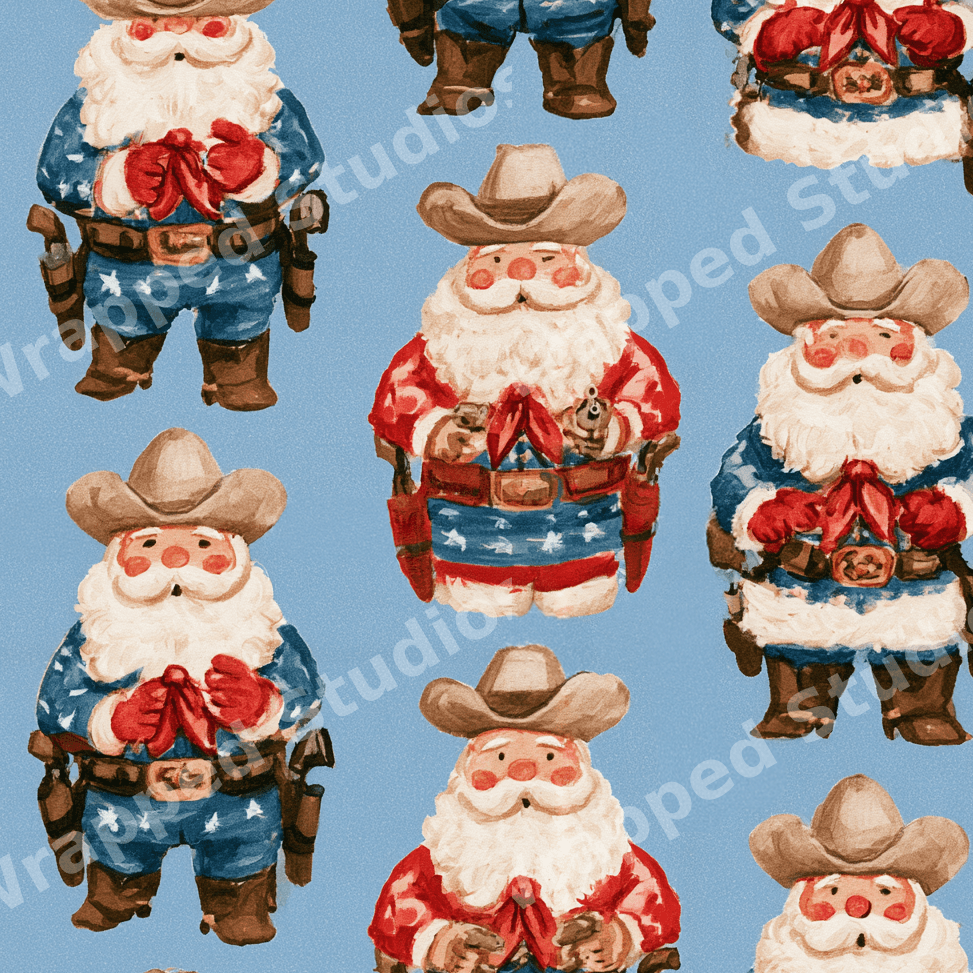 Vintage western cowboy Santa Claus pattern with watercolor illustrations on a light blue background.