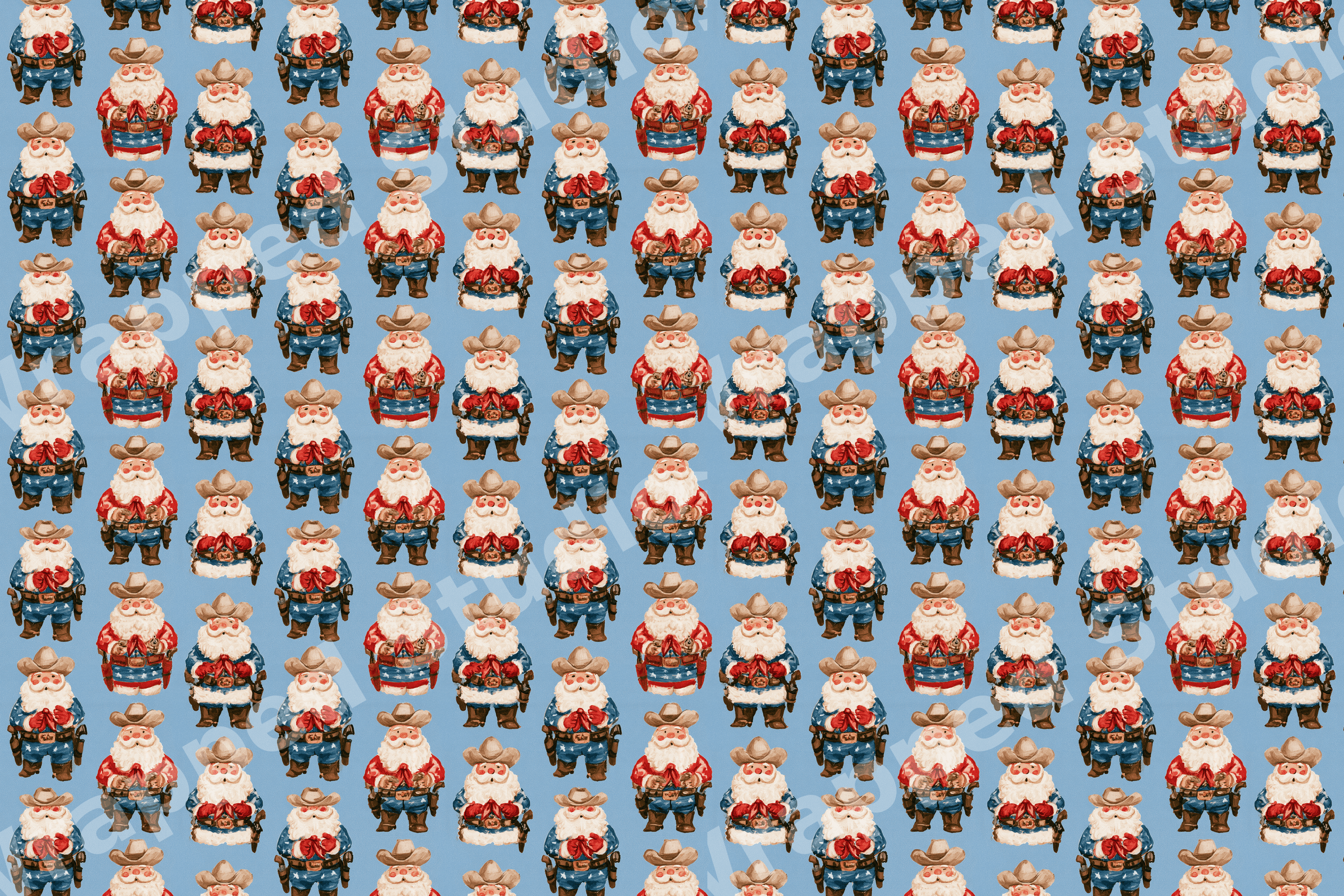 Vintage cowboy Santa pattern featuring retro western Christmas illustrations on a light blue background.