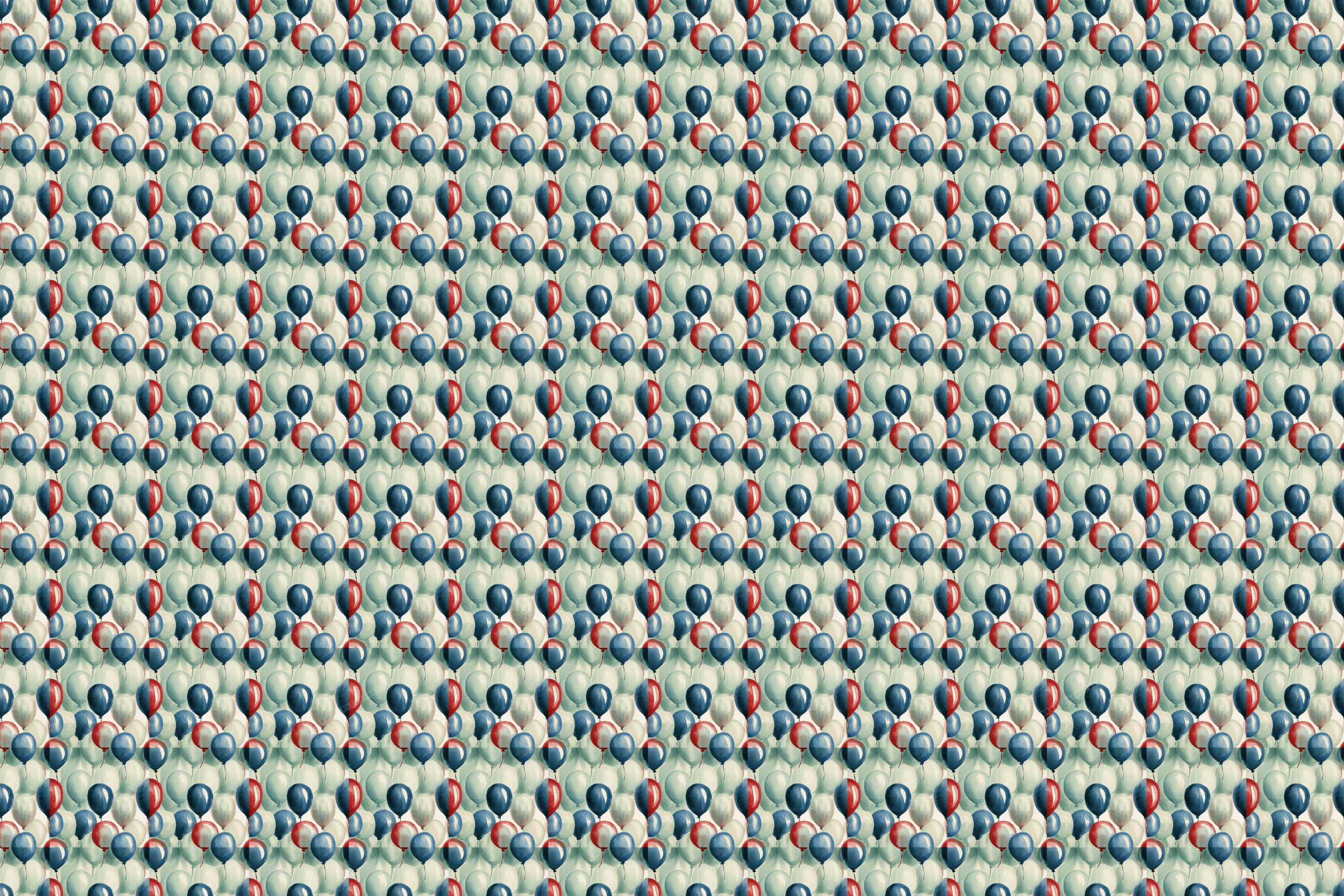 Vintage patriotic balloon pattern with repeating red, white, and blue balloons.