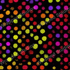 Playful polka dot pattern in vivid neon hues on a black background.