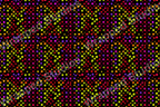 Seamless modern pattern with colorful polka dots on a black background.