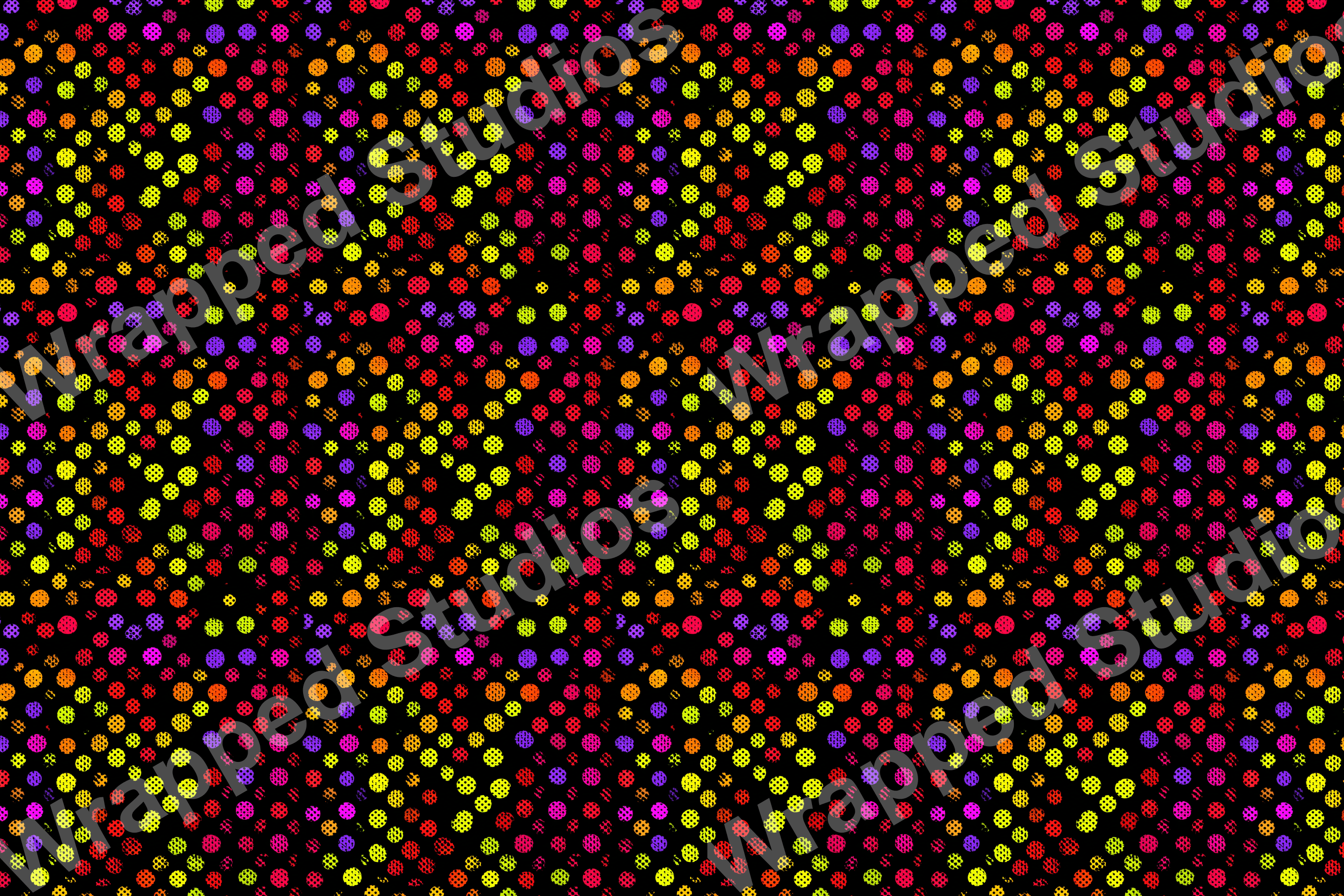 Seamless modern pattern with colorful polka dots on a black background.