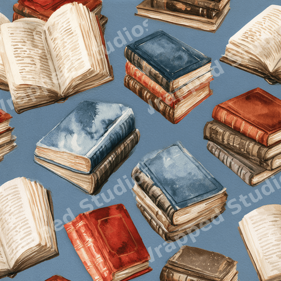 Vintage book pattern featuring watercolor stacks of old novels and open pages on a dusty blue background.