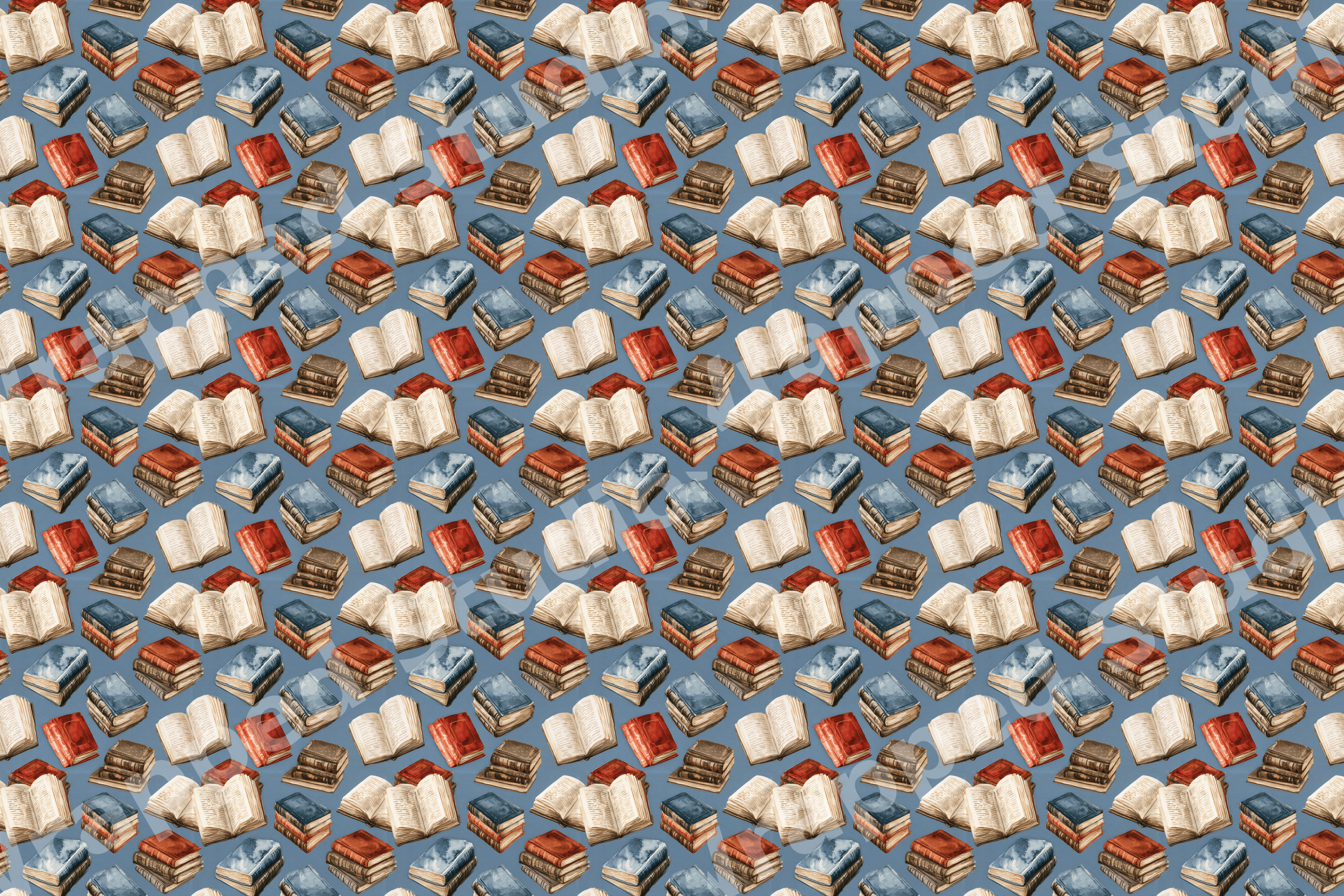 Vintage book pattern featuring watercolor stacks of open and closed books on a dusty blue background.
