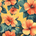 Seamless floral pattern with peach hibiscus flowers and teal leaves on a warm yellow background.
