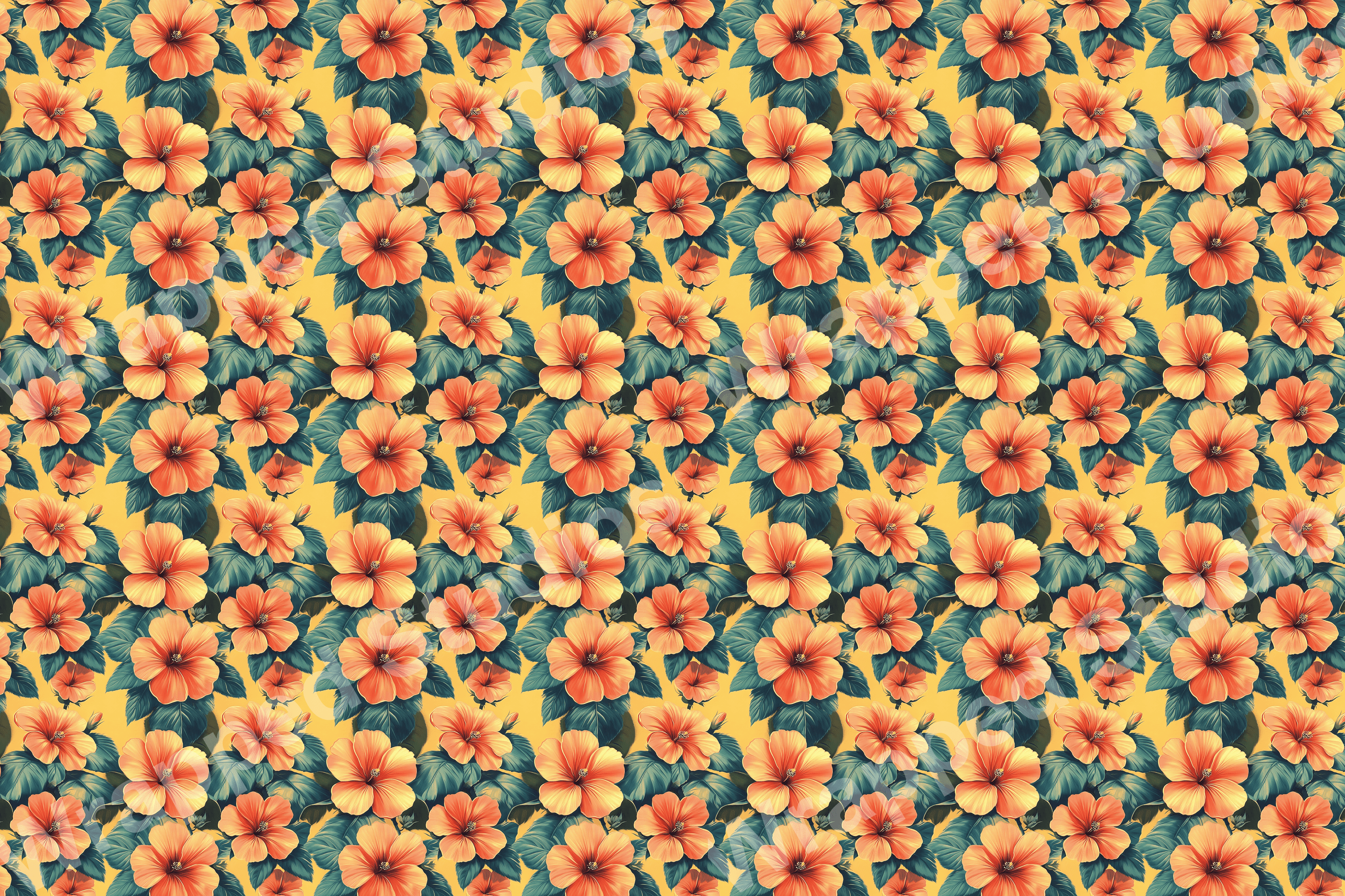 Vibrant floral pattern with peach-colored hibiscus flowers and green leaves on a yellow background.